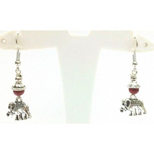 Silver Oxidized Earring Tribal Jhumka Bali Hook Dangle Drop Long - Red Elephant